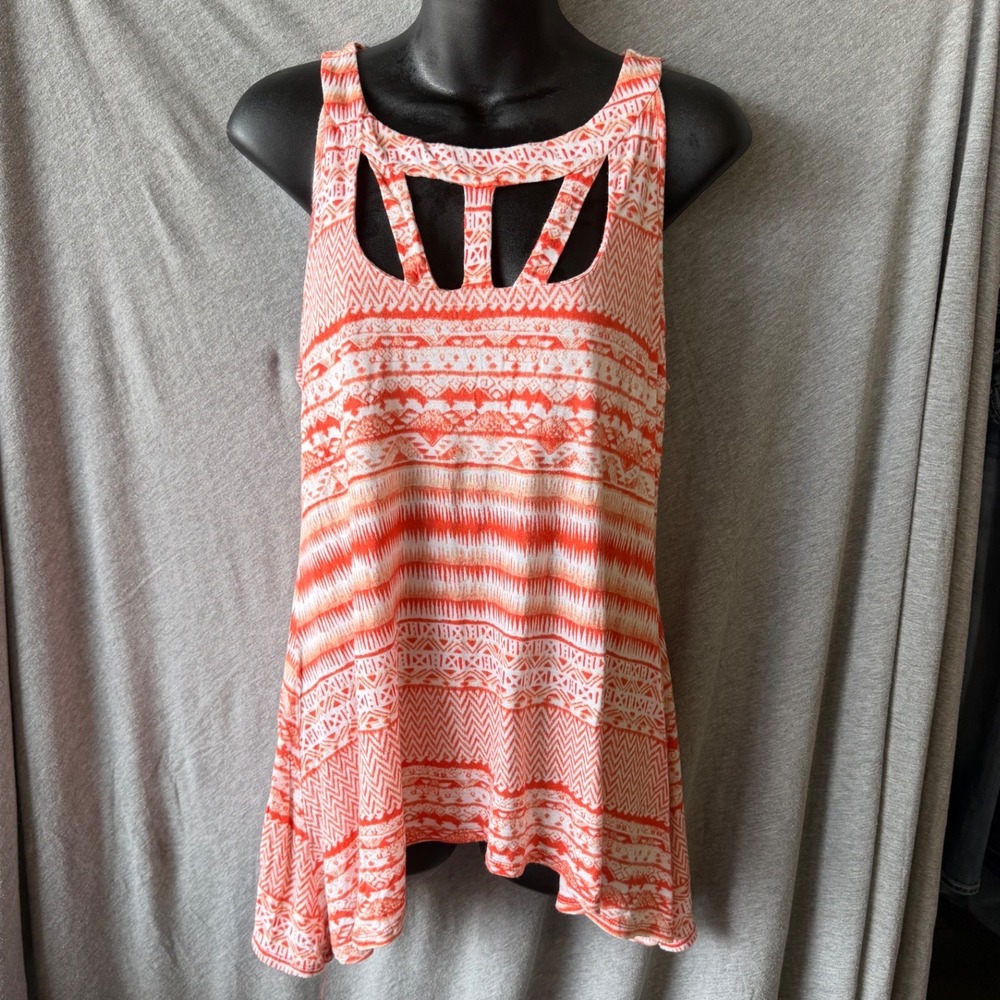 Venus Tank Top Orange Tribal Print Cutout Neck Sharkbite Hem Womens Large